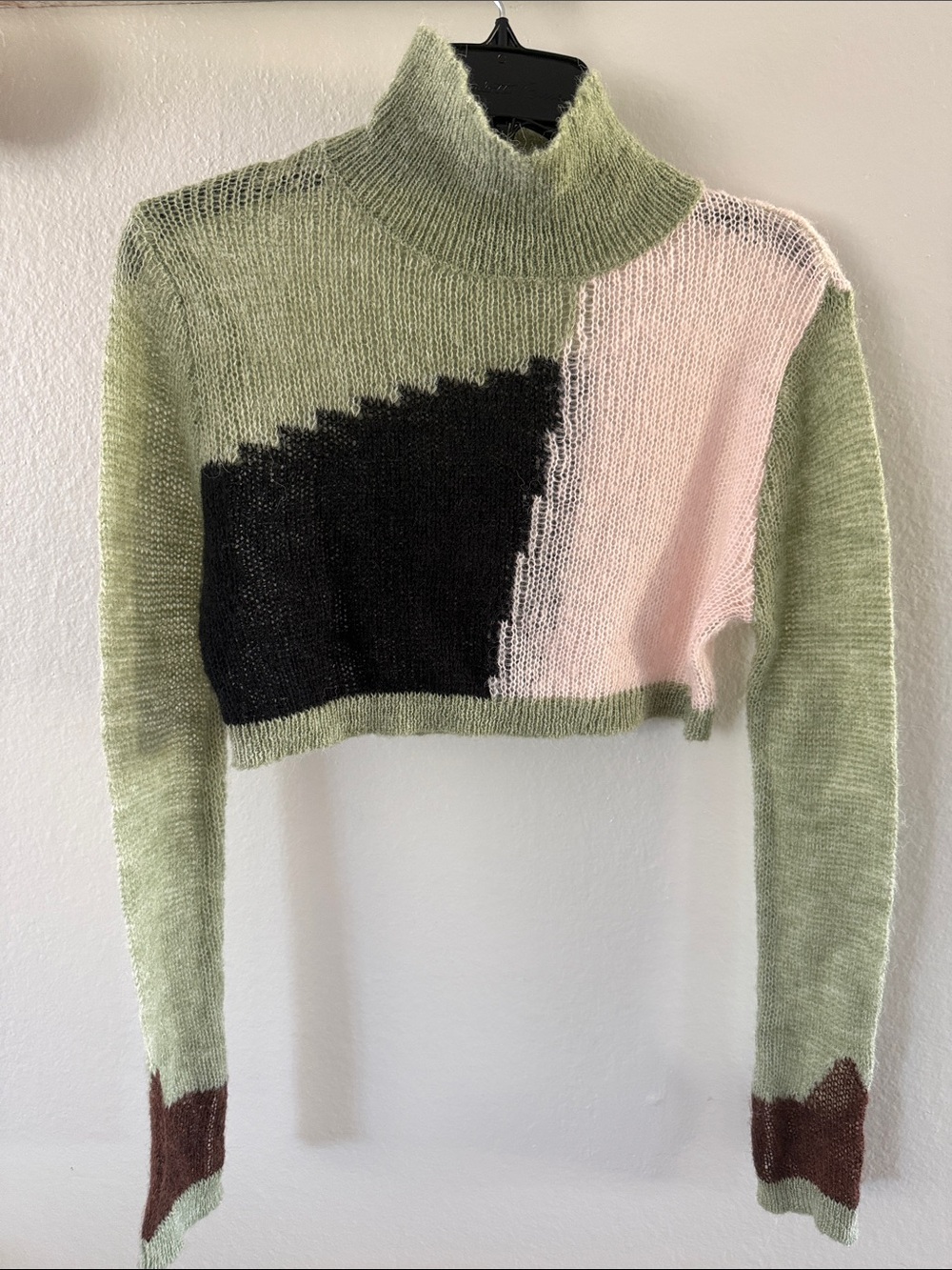 Cider Cropped Colorblock Turtleneck Sweater in Sage Green, Black & Pink